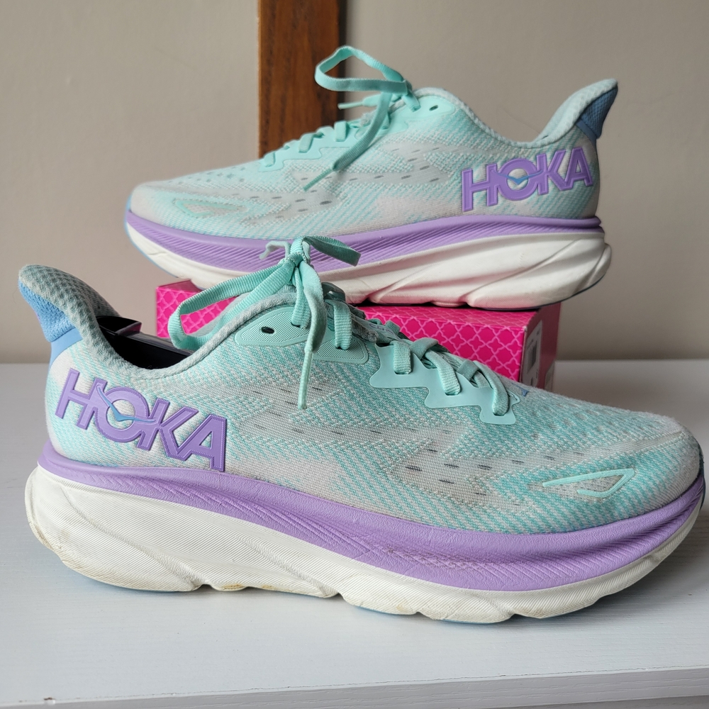 Hoka Mint and Purple Running Shoes